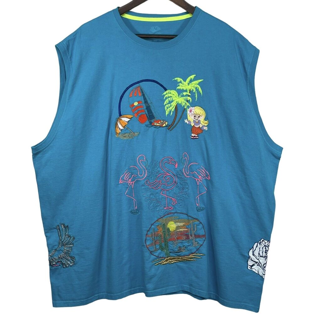 Fruit‎ of the Loom Tank Top Embroidered Women Size 4XL Art-to-Wear Blue Cotton